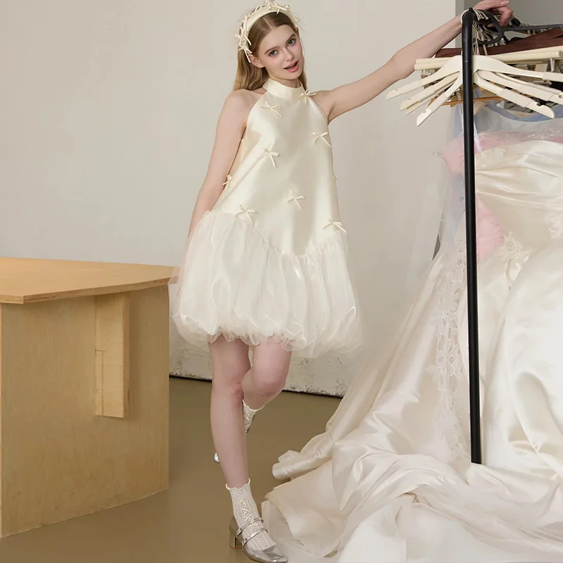 

Элегантные платья для дня рождения с бантом, милые корейские короткие свадебные платья, атласное вечернее платье с круглым вырезом на заказ, 2025 г.