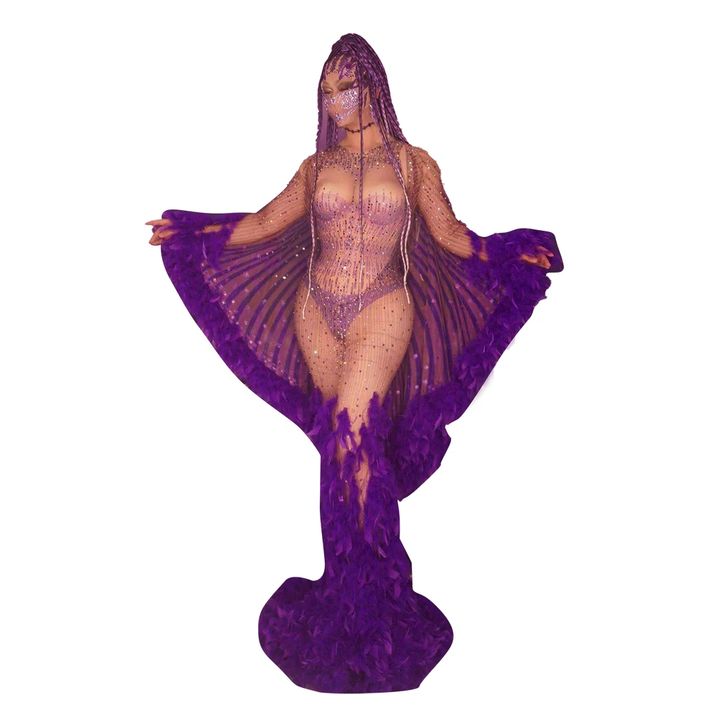 

Sexy Bodycon Purple Rhinestone Jumpsuit Feathers Cloak Dress Women Club Party Prom Dress Dance Performance Wear Stage Costume