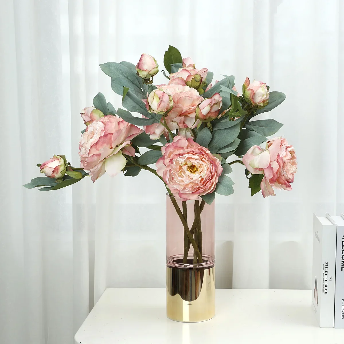 4pcs Hight-end 3Head Burnt Edge Peonies Artificial Flower for Home Living Room Decoration Silk Peony Flower Wedding Party Floral