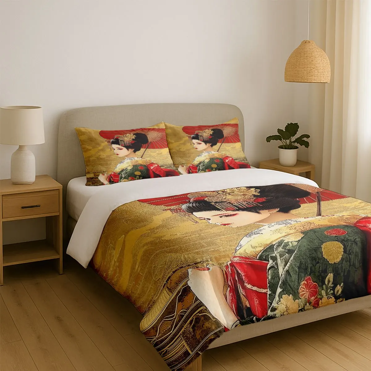 3pcs Japanese Geisha Duvet Cover Set, 3pcs Golden Red Anime Bedding with Pillowcases, Queen Size, Soft Washable