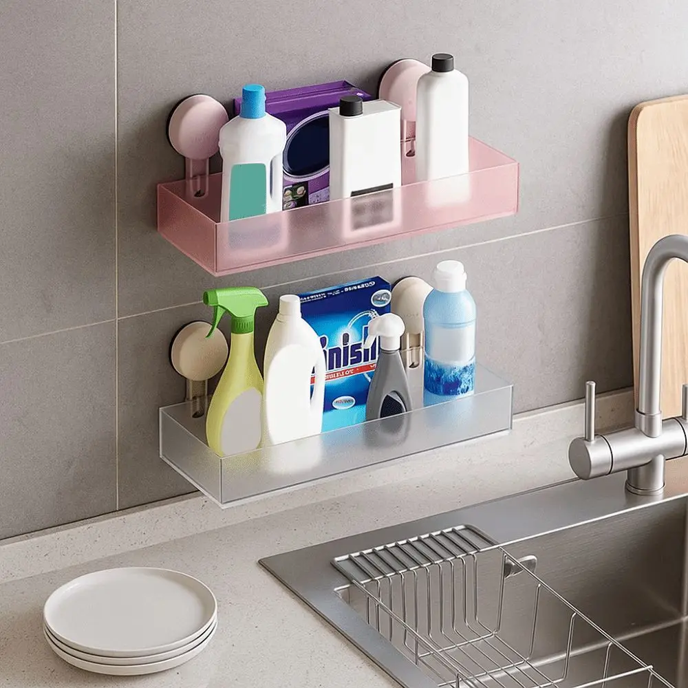 

Frosted Suction Cups Shower Shelves Wall Mounted Free Punch Wall Hanging Storage Rack Drainable Removable Toiletries Organizer