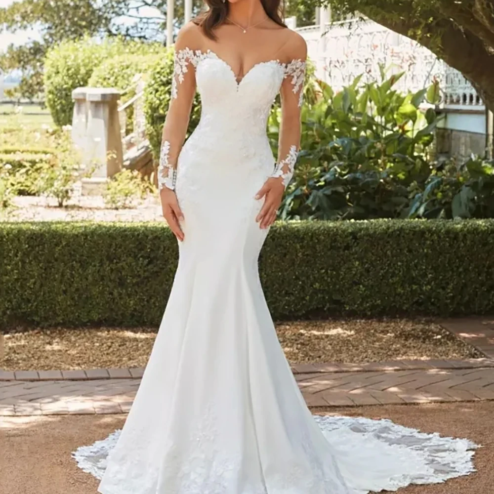 Abito da sposa lungo elegante a sirena con scollo a cuore 2025 Abiti da sposa in pizzo con applicazioni senza spalline bianche a maniche lunghe personalizzati