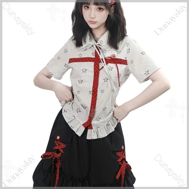 Japanese College Style Sweet Outfit Two Piece Set Puff Sleeve Plaid Blouse Half Skirt JK Uniform For Comic Halloween Theme Party