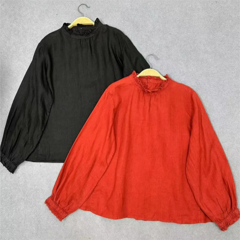 

Johnature Casual Linen Ear Collar Single-breasted Long Sleeve Shirt Autumn New Japanese Loose Versatile Simple Render Women Tops