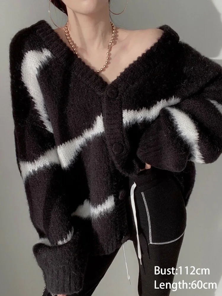 秋冬 V ネックカーディガンセーター女性カジュアルルーズ長袖シングルブレストセーターコートファッションレディースニットアウター