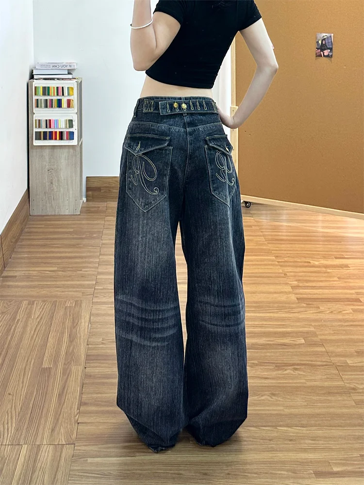 

High Waist Wide Leg Denim Pants Women's High Street Loose Fit Straight Bamboo Design Vintage American Retro Zipper Closure Jeans
