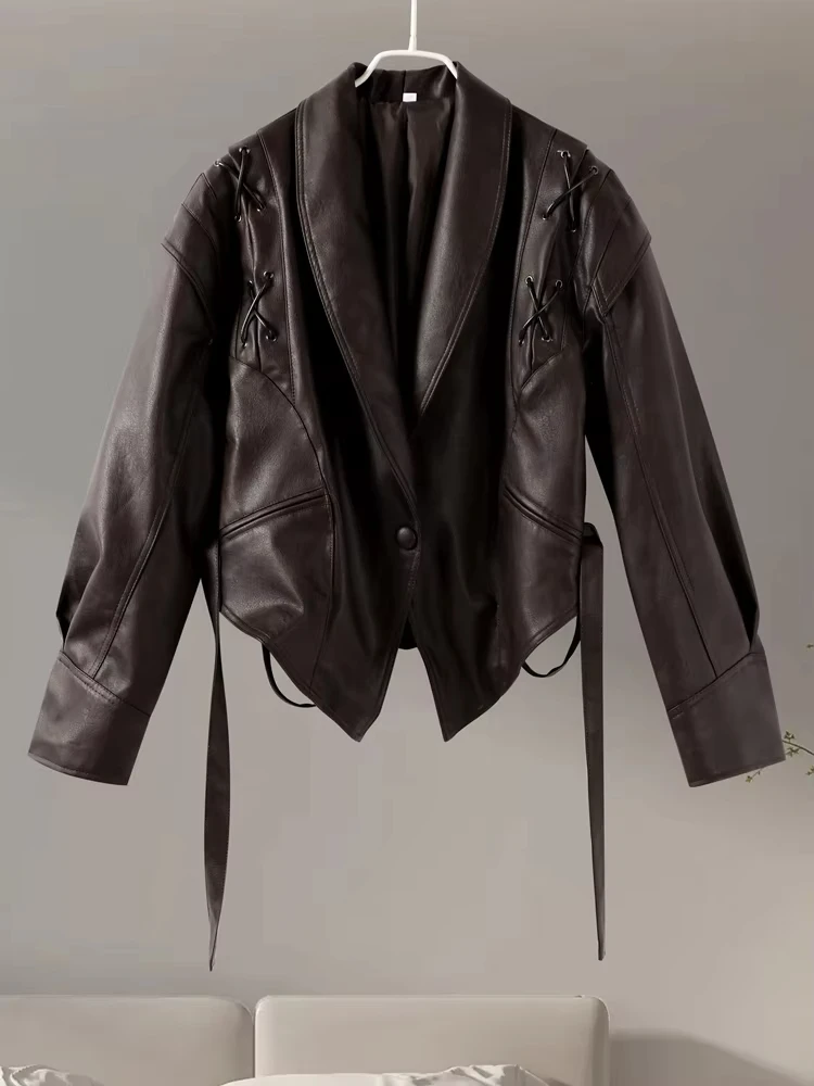 Mulheres jaquetas bomber de couro casacos com cinto entalhado almofadas de ombro motocicleta rua chique curto outwear moda sólida rendas até