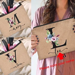 Bolsa de cosméticos de lino con nombre personalizado, bolso de mano de dama de honor, bolso de maquillaje de belleza de viaje al aire libre, bolso de lápiz labial de despedida de soltera