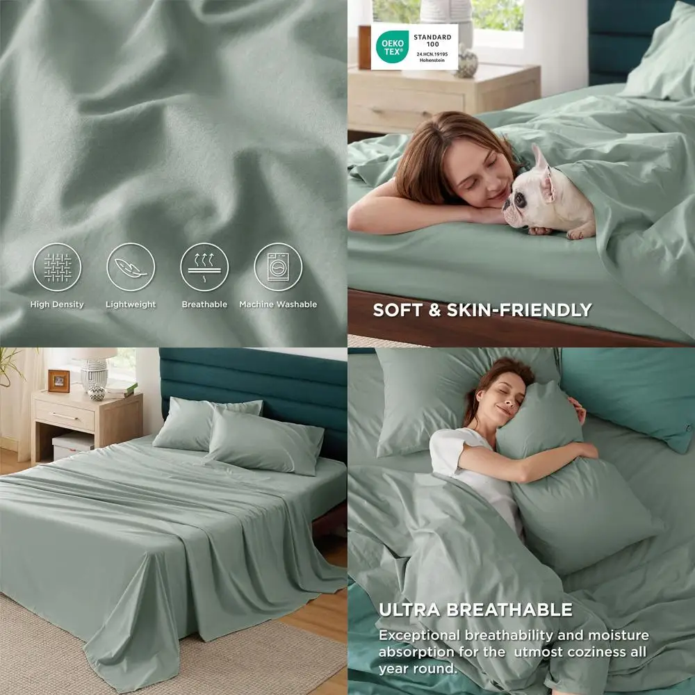 

Queen Size Cotton Percale Sheets with Deep Pockets, 4-Piece Set, Breathable and Crisp, Green