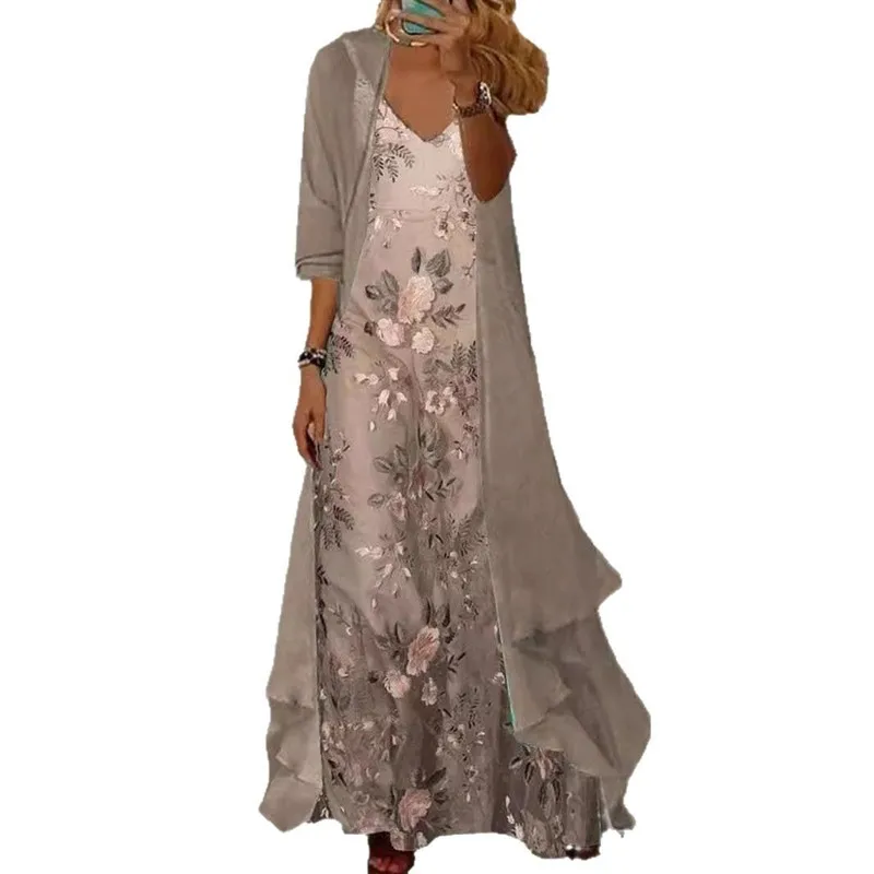 Ele Vintage besticktes Dr-Set, mittlere Taille, Polyesterfaser, regulärer Sve-langer Rock, Sommer-Basic-SLE-Zweiteiler