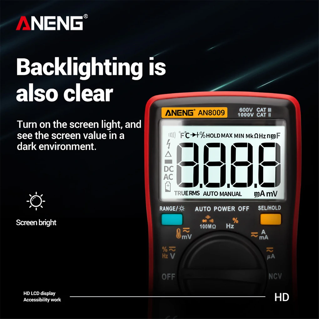 Imagem -03 - Aneng-lcd Multímetro Tester Voltímetro Medidor Portátil Multifuncional Detector Inteligente Vermelho Luz de Fundo An8009