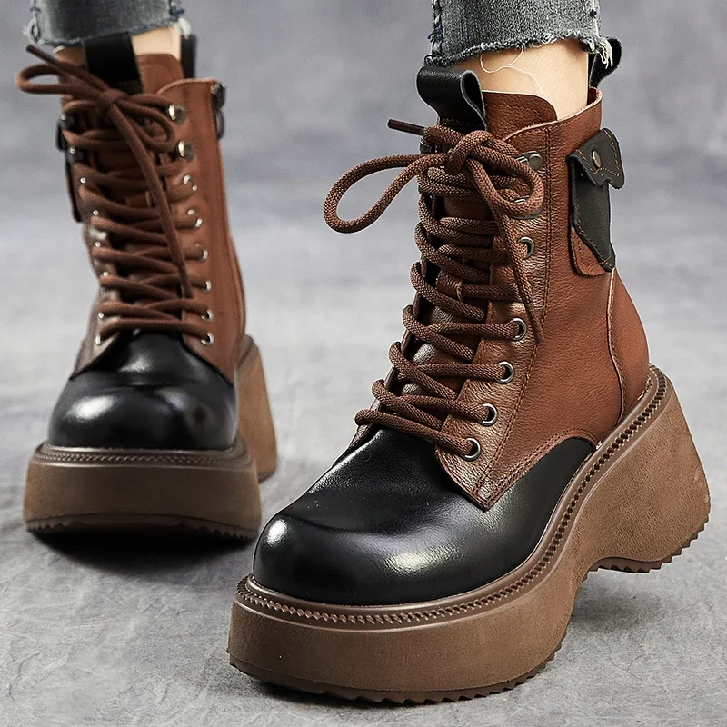 Careaymade Platform High Heel Boots Genuine Leather 2025 new Thick Soled Mixed Colors Round Toe Women Plush Short Boots