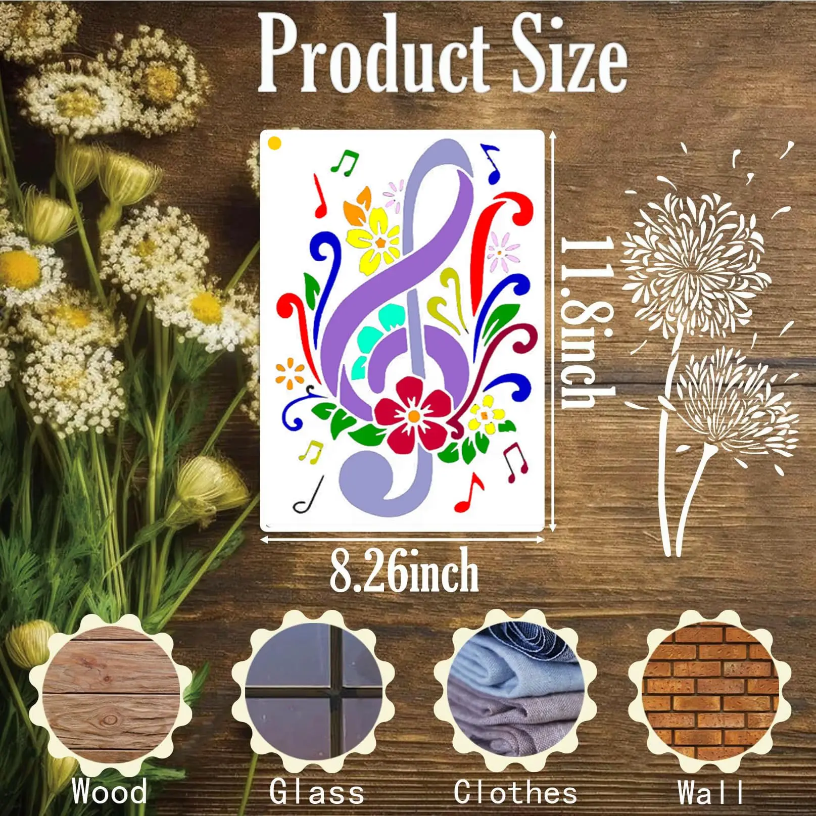 6 Reusable Spring Wall Stencils - Musical Note and Wildflower Stencils for Painting on Wood, Fabric, Furniture, and Multi-Faceted DIY Home Decor