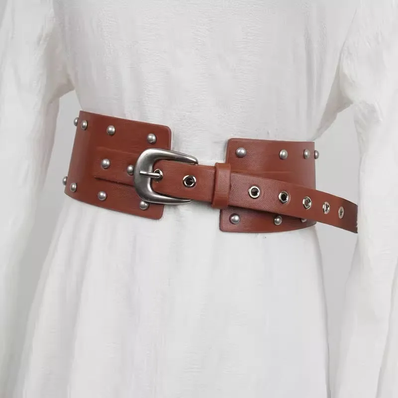 

Women's Fashion Rivet PU Leather Punk Corset Female Cummerbund Coat Waistband Dress Decration Wide Belt J1349