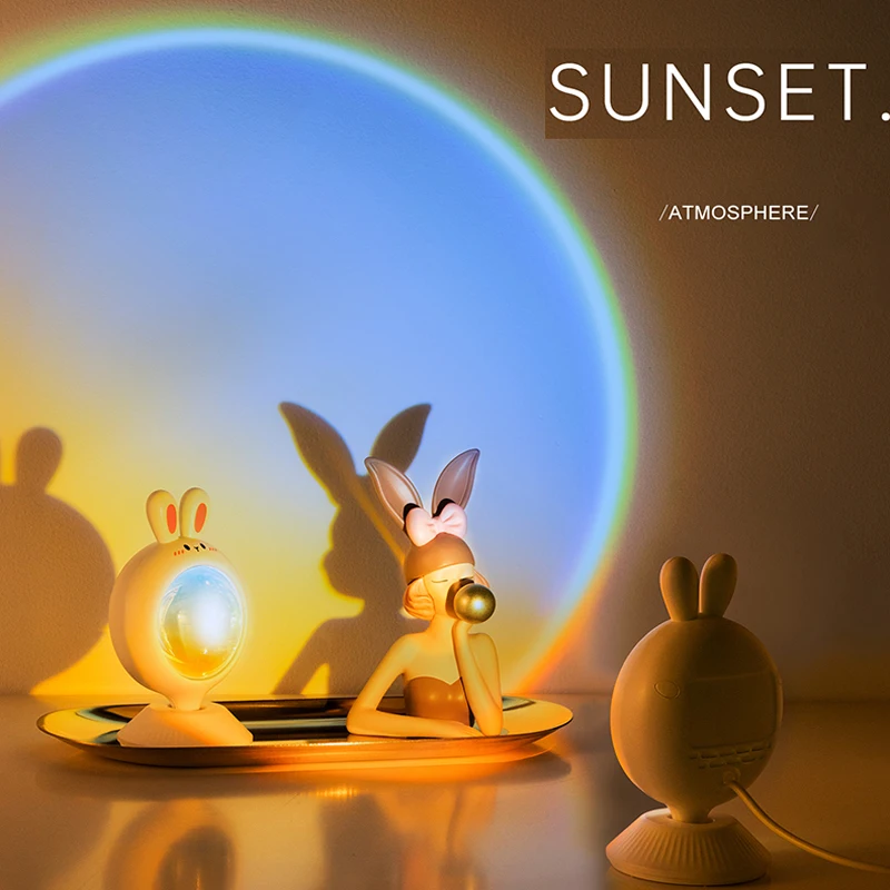 USB Rabbit Sunset Lamp Cute  Projector Photo Photography Indoor Atmosphere Night Lights Home Living Room Decoration Table Lamp