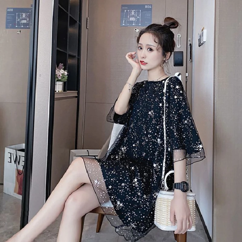 เย็บตาข่ายยาว 2025 เสื้อยืดแขนสั้นสองชิ้นปลอมฤดูร้อนกระโปรงลําลองเกาหลี