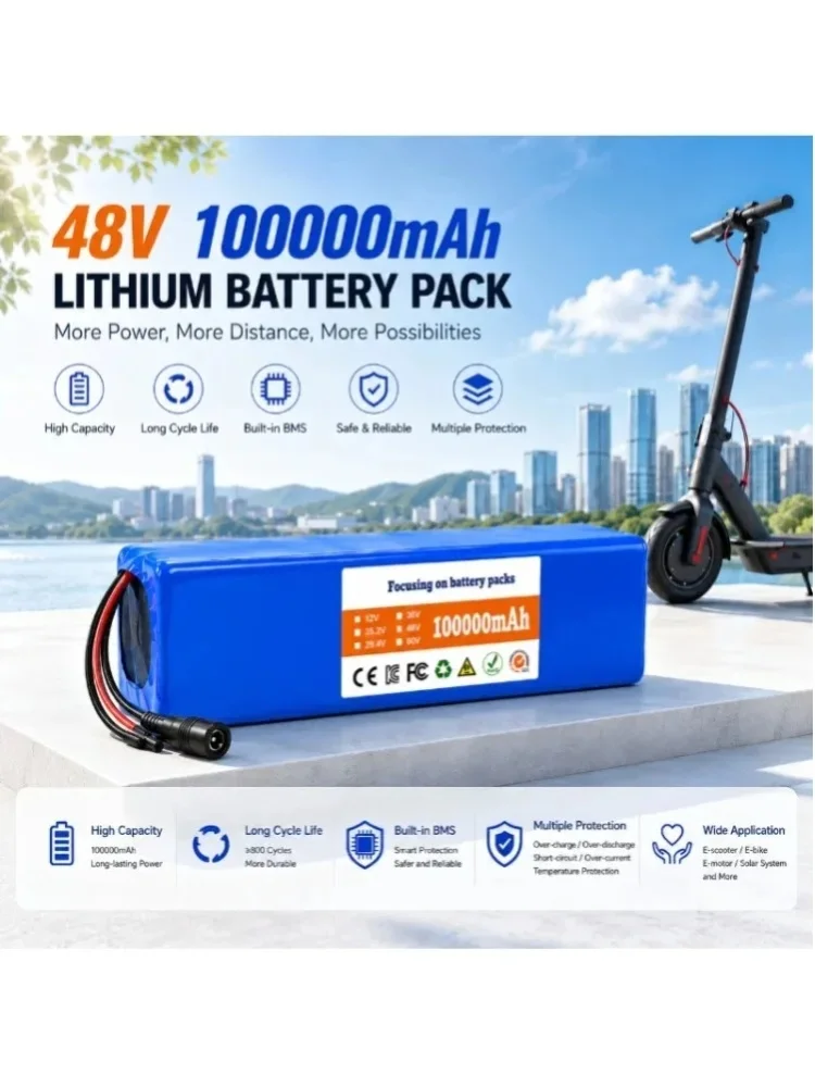 48V Lithium-Akku 100Ah 100000mAh 13S2P Wiederaufladbarer Akkupack mit BMS für 250W 350W 500W 750W 1000W E-Bike Elektroroller DIY-Akku Kostenloses 54,6V Ladegerät Mehrfachanschlüsse