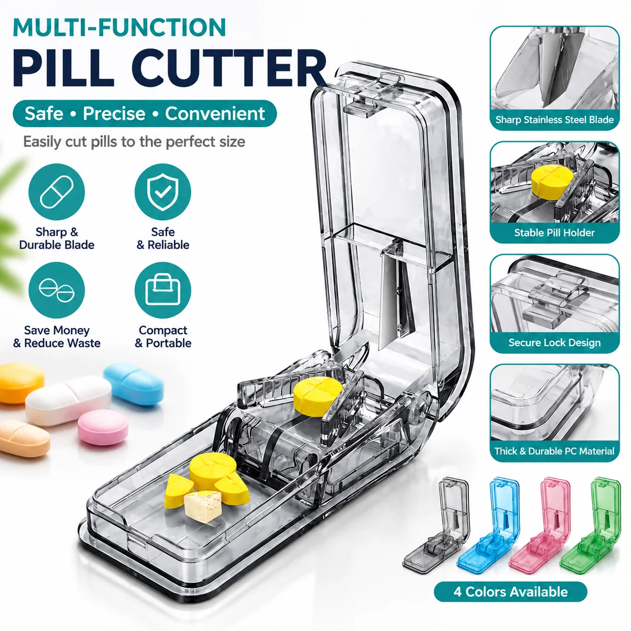 Multi-Color Transparent Pill Cutter With Storage Box Tablet Splitter Portable Medicine Organizer Home Travel Gift