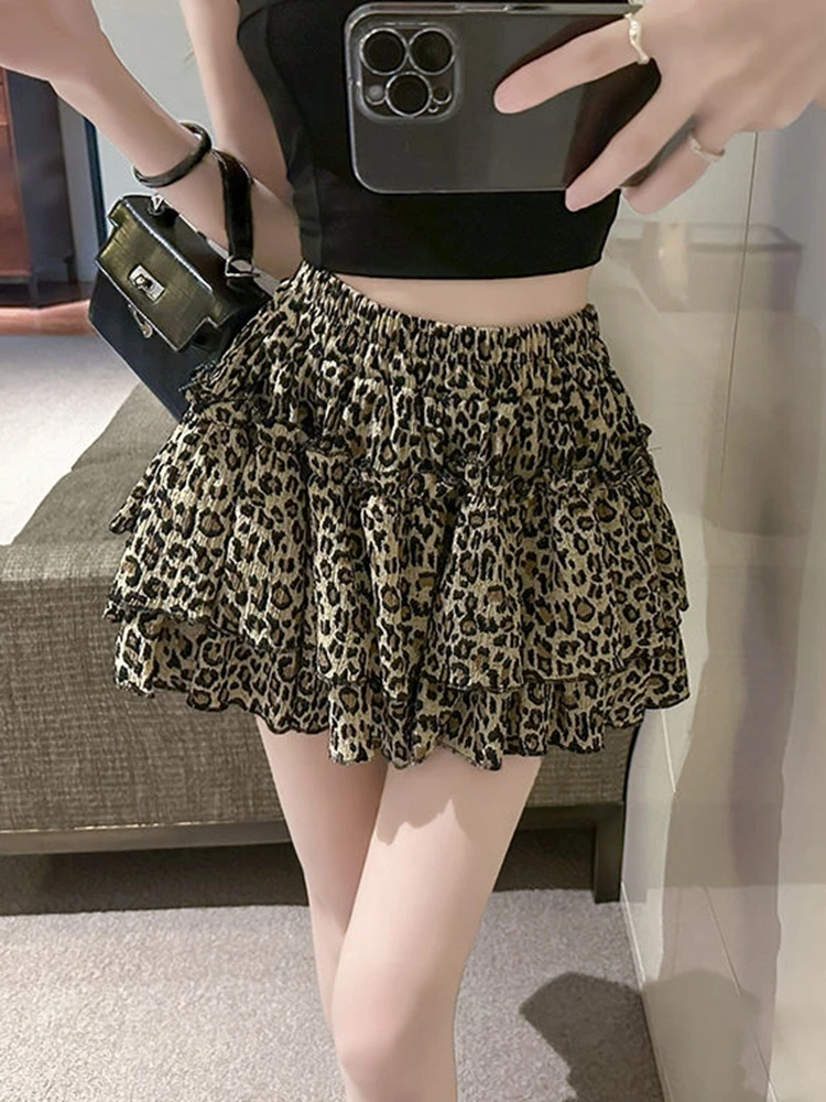 Casual Leopard A Line Skirts Women 2026 Y2k Clothes Korean Style Harajuku Short Pleated Skirt Slim High Waist Mini Kawaii Skirt