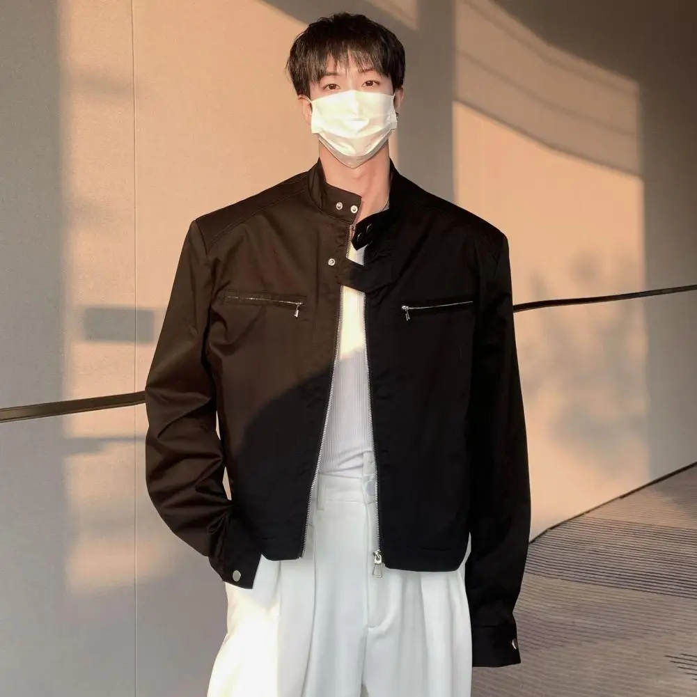 

Мужская куртка-пальто с полной застежкой-молнией, однотонная, с двумя боковыми карманами, короткая куртка с воротником-стойкой, куртка с длинными рукавами, мужская уличная одежда