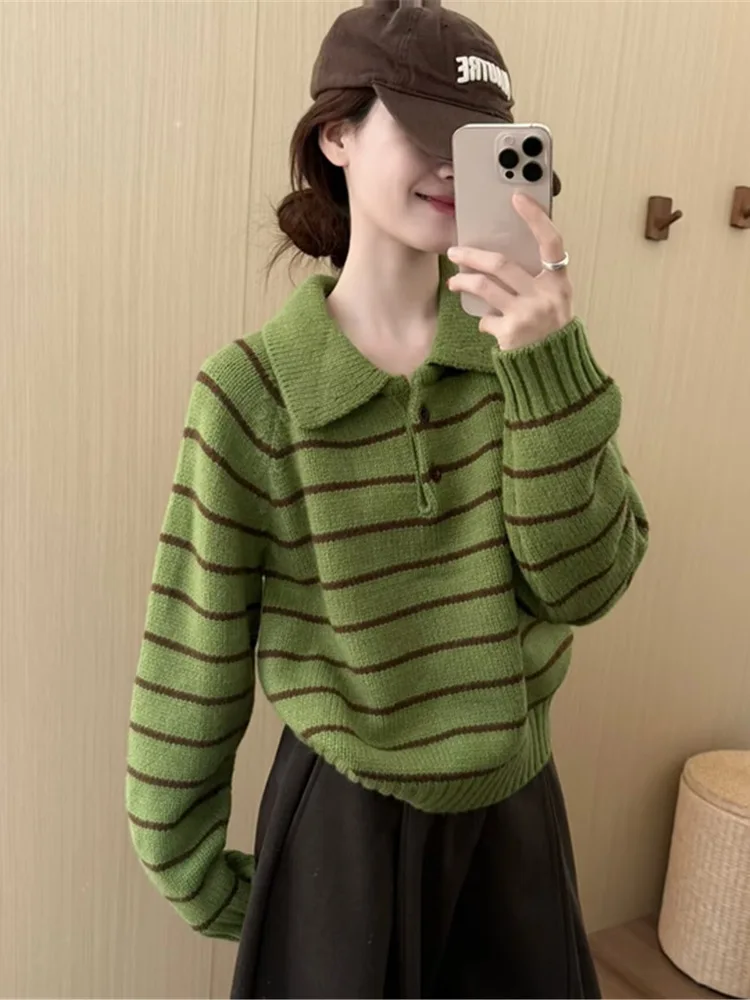 

Женский полосатый трикотаж с воротником-стойкой, свитер на осень-зиму, свободная верхняя одежда, удобное тепло