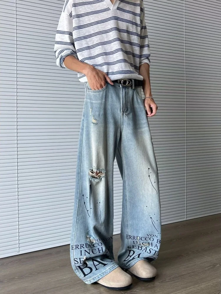 Trashy Y2K 2000S رسالة مطبوعة غسلها الأزرق فضفاض ممزق الجينز السراويل للرجال 90S الملابس خمر سراويل جينز Pantalon Hombre #4