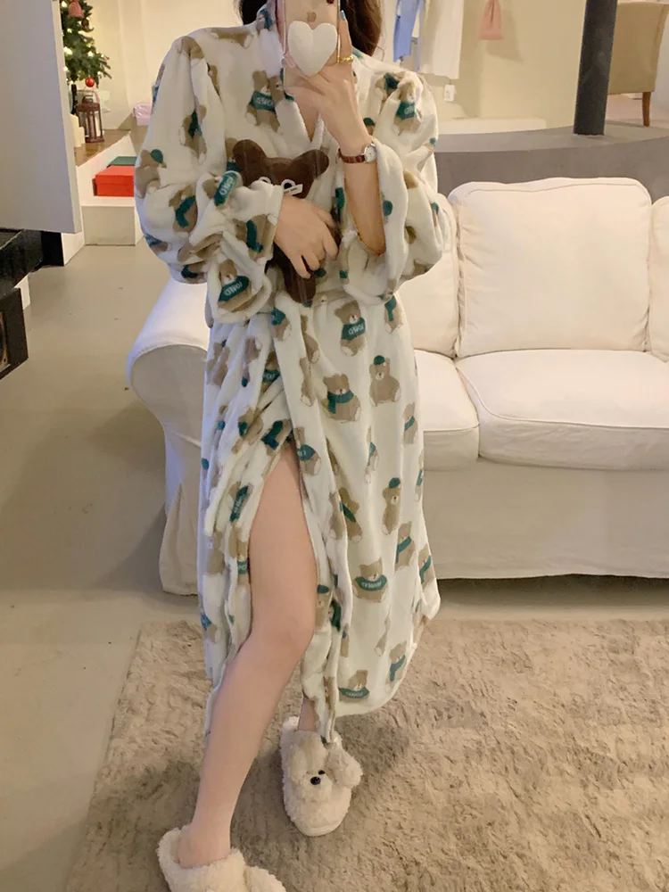 Print Bear Fuzzy Cartoon Thicken Winter Korean Style Long Nightgown Sweet Including Headband Loose Comfortable Casual Sleepwear