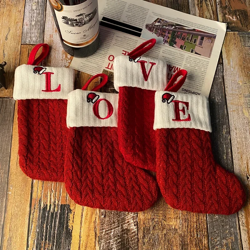 Christmas Stocking Knitting Snowflake Letter Socks Christmas Decoration for Home Christmas Alphabet Knitting Sock New Year Gift