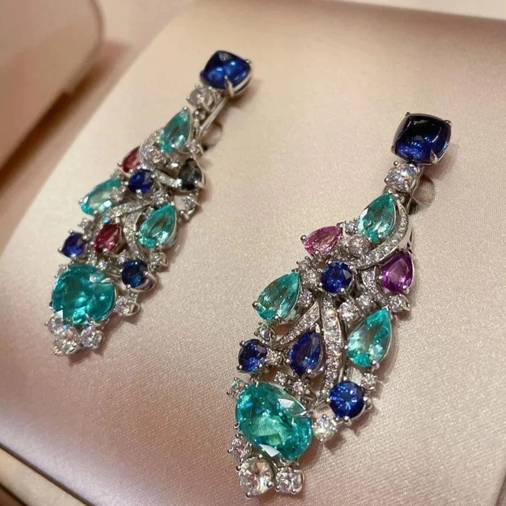 KQDANCE Vintage Duże Kolczyki Wiszące Koktajlowe z Srebra Próby 925 z Syntetycznym Szafirem Paraiba 7,2 CT i Diamentami Wysokowęglowymi, Elegancka Biżuteria Nowa