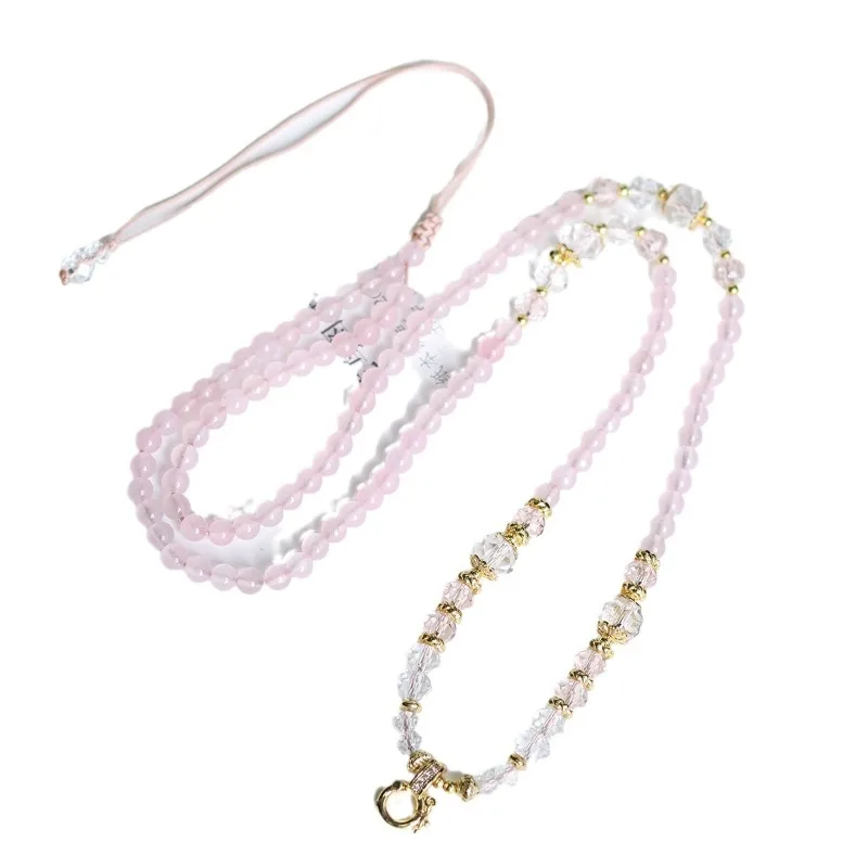 

New Chinese Style Pink Agate Chalcedony Beaded Versatile Necklace Cord for Women Summer Clavicle Chain Jewelry Gifts
