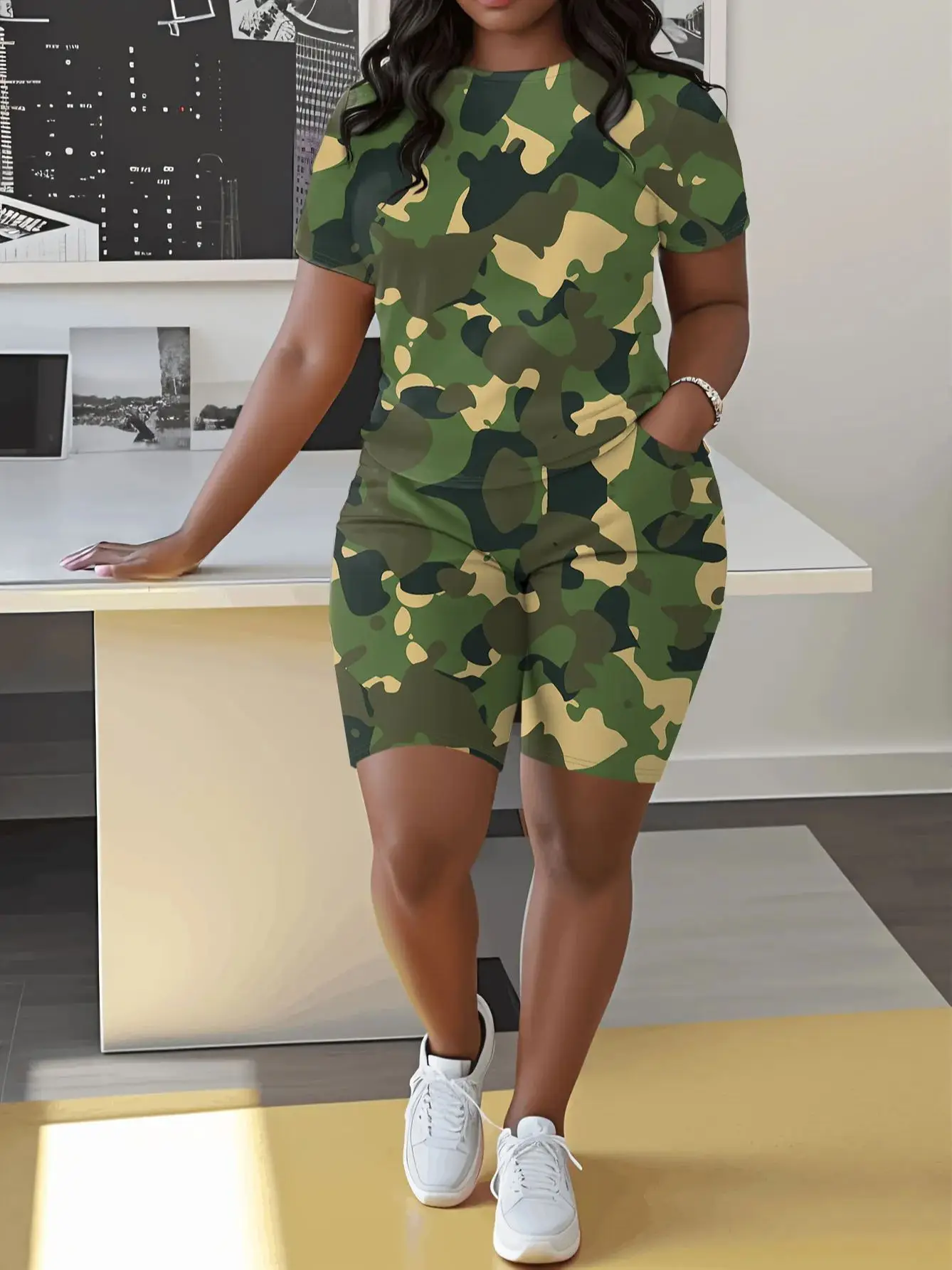 Casual set met korte mouwen en shorts voor dames: camouflageprint voor vrije tijd, buiten- en dagelijks gebruik