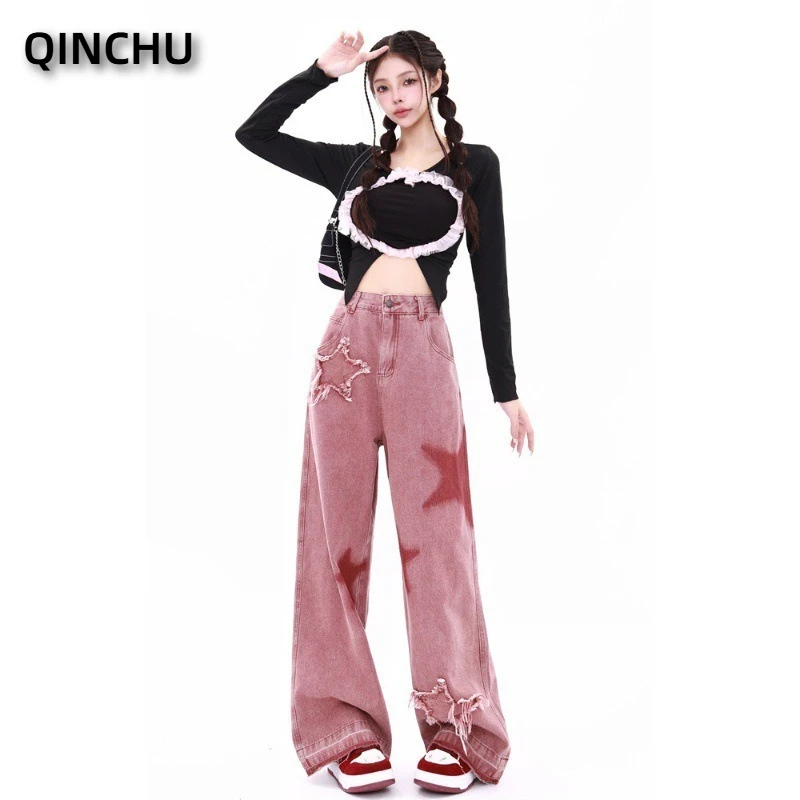 QINCHU Cotton Women's Retro Embroidered Low Waist Wide Leg Jeans