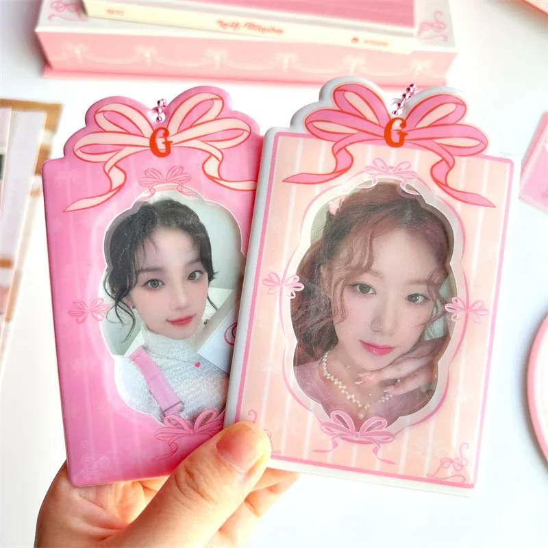 Kpop Photocard Holder with Keychain Y2K Kawaii Bow Lace Photo Card Sleeves ID Badge Holder Card Protector
