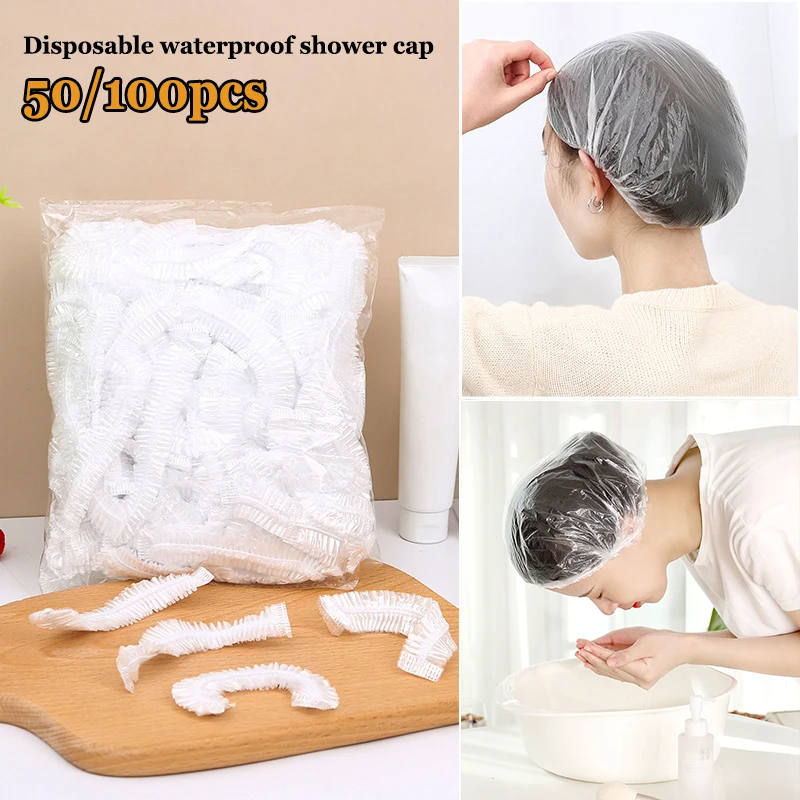 Women\'s Disposable Shower Cap for Clear Beauty Hair Hat Shower Cap Plastic Waterproof Head Cover Hotel Hair Dye Elastic Hair Cap