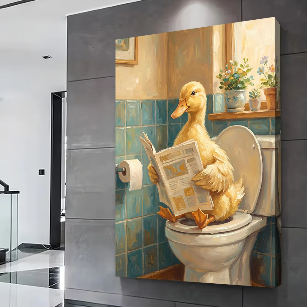Duck Reading Newspaper on Toilet Printing Poster Customizable Pictures Wall Art Canvas Painting for Aesthetic Decoration Room