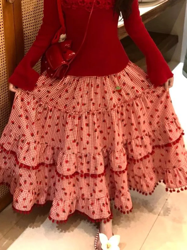 Cute Strawberry Plaid Long Skirt Women Sweet High Waist Loose Cake Skirts Spring Preppy Style Female Kawaii Vintage Long Skirts