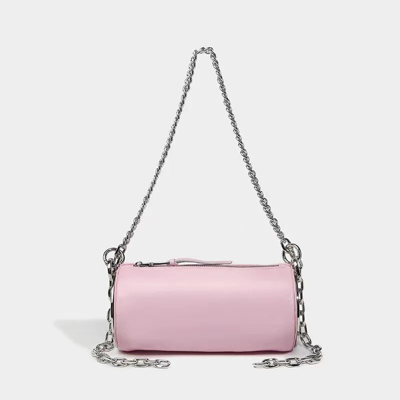 Trend niche design cylindrical chain bag highend fashion simple shoulder bag popular versatile cross-body bag mini phone bag