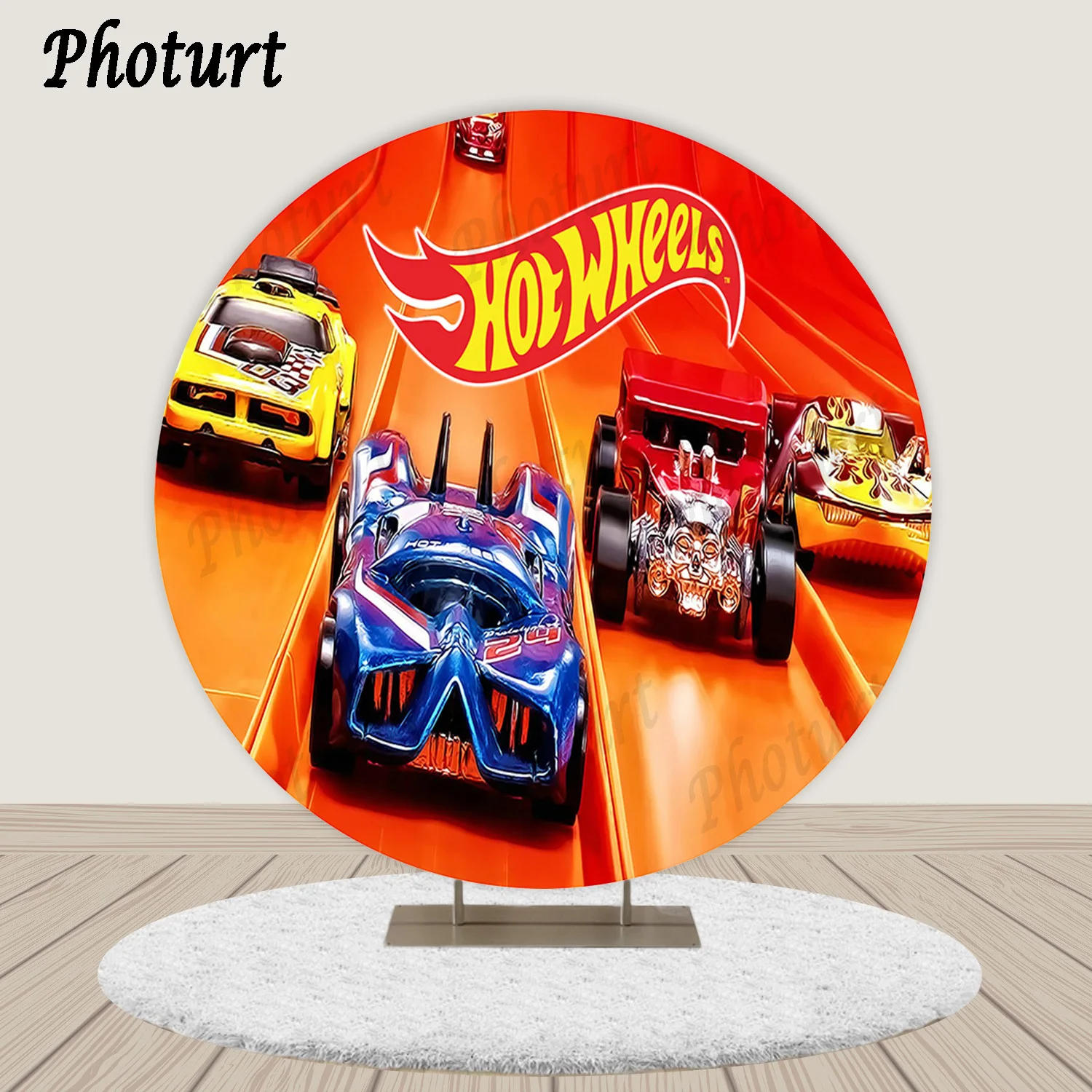 

PHOTURT Round Hot Wheel Backdrop Kids Birthday Photography Banner Golden Game Race Car Photo Background Polyester Vinyl Props