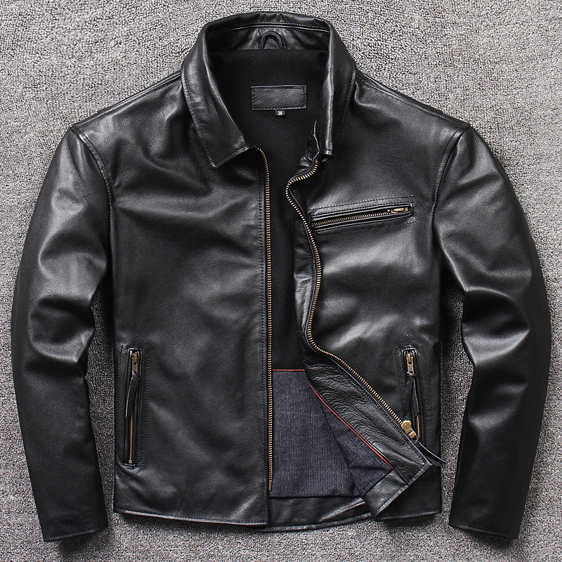 

New heavy leather jacket for men's young motorcycle style short stand collar spring and autumn slim fit