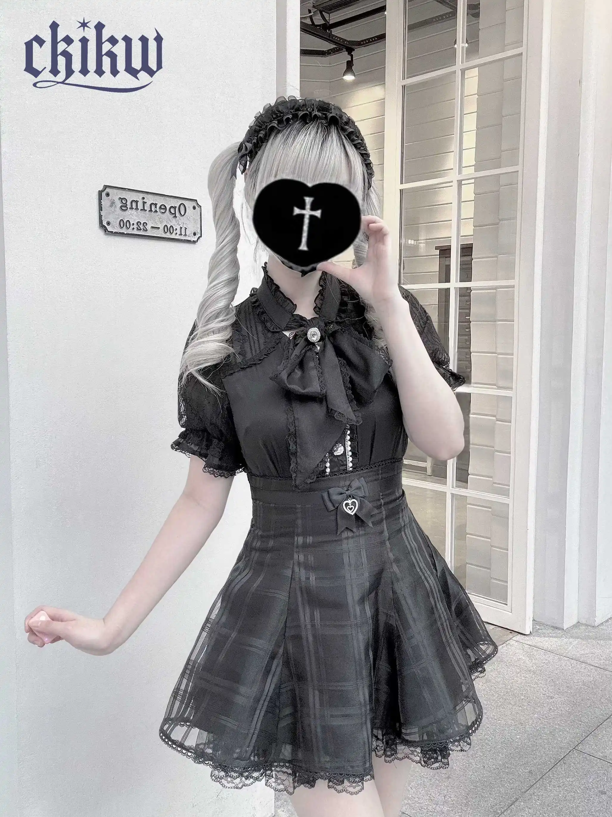 Original Subculture Mine White and Black Shirt Summer New Girls Sweet Cute Bow Short Sleeve Blouses Tops Mini Skirt for Women