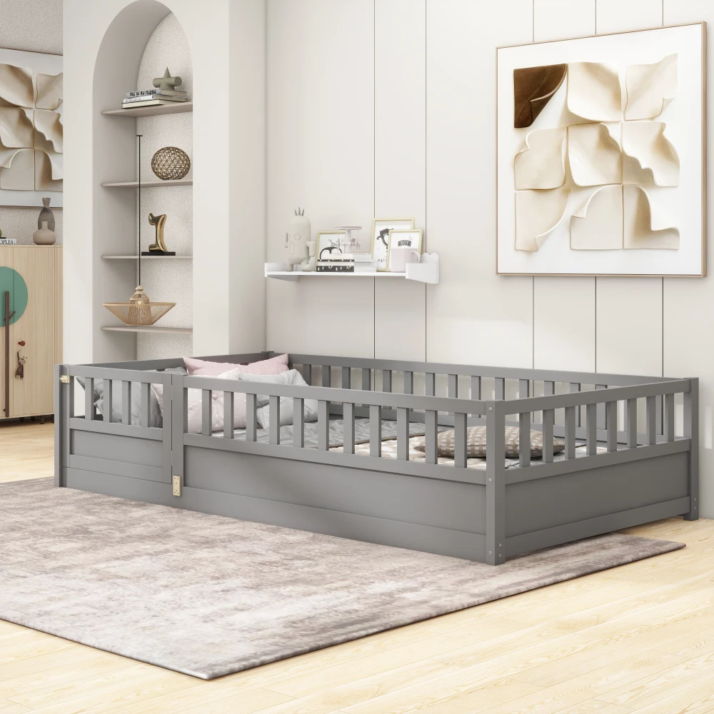 Twin Floor Bed, Overall Structure, with Ultra-high Safety Barrier, Children's Floor Frame, Montessori Wood Bedroom Furniture