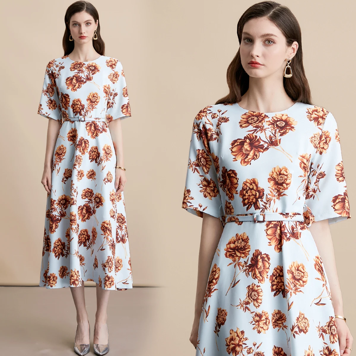 Damska codzienna sukienka w kwiaty w stylu boho na imprezę, elegancka letnia sukienka z krótkim rękawem, sznurowana w talii, długa sukienka, elegancka koszulowa sukienka damska.