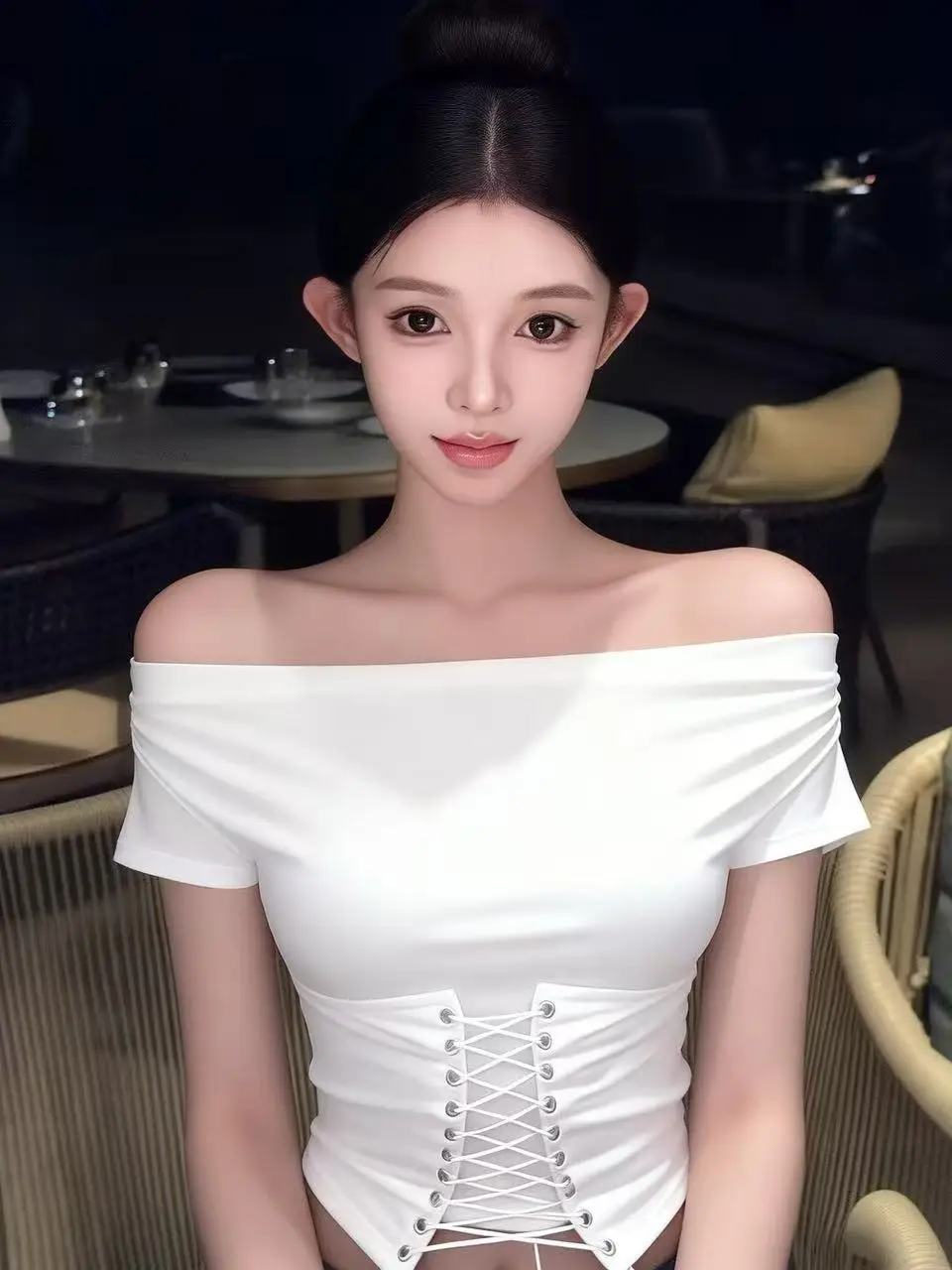 

Korean Style Sexy Short Sleeve T-Shirt Bow Waist Design One Shoulder Exposure Casual Daily Wear Polyester Fiber Summer Top