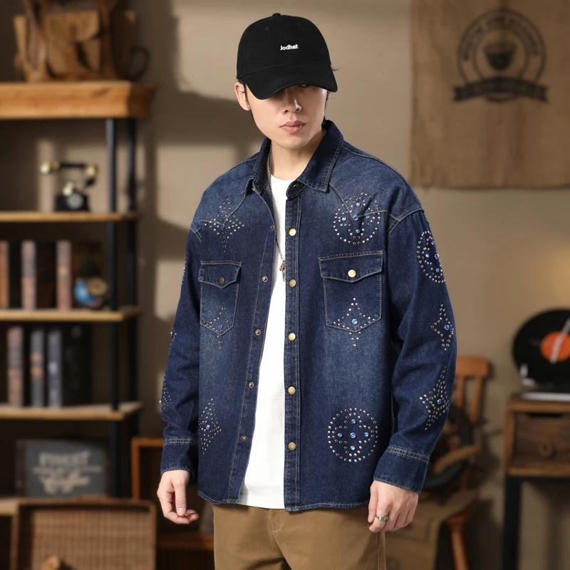 

Джинсовая рубашка с заклепками и горячим тиснением, мужская уличная модная свободная повседневная винтажная джинсовая рубашка-карго с длинными рукавами, блузки Cityboy