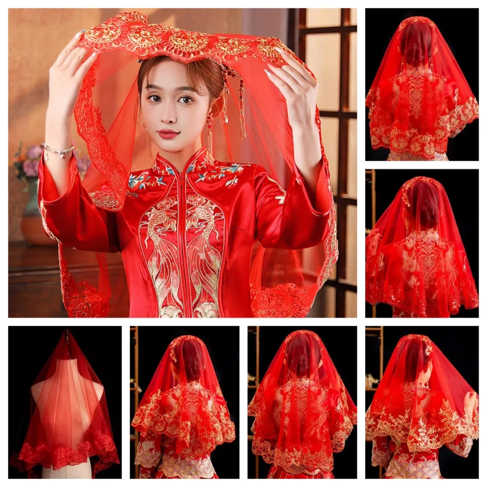 

Романтическая марля с золотой вышивкой, красная фата, короткие древние китайские свадебные платья, кружевное сетчатое платье Xiuhe, вуаль для вечеринки