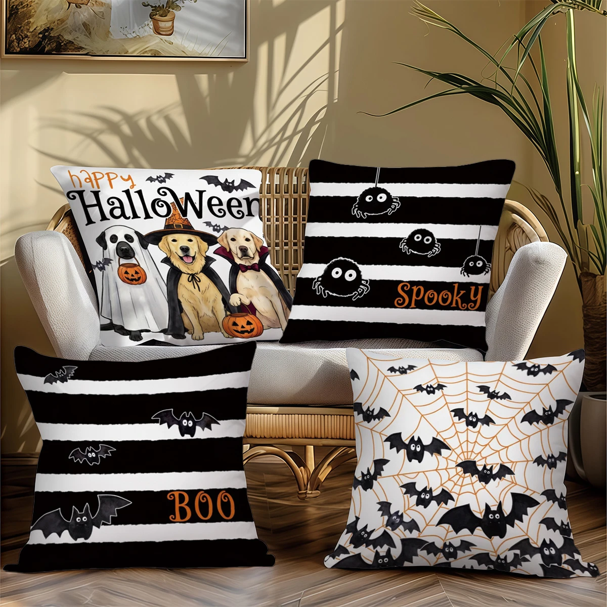 4pc Halloween Decorative Throw Pillow Covers Spooky Ghost Dog Bat Spider Web Cushion Cases for Home Sofa Couch Decor