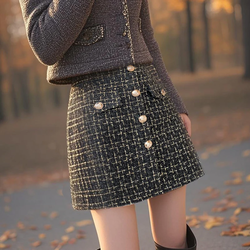 秋冬チェック柄ウールスカート レディースファッション ハイウエストポケット シングルブレスト Aライン 仕事 パーティー ショートミニスカート