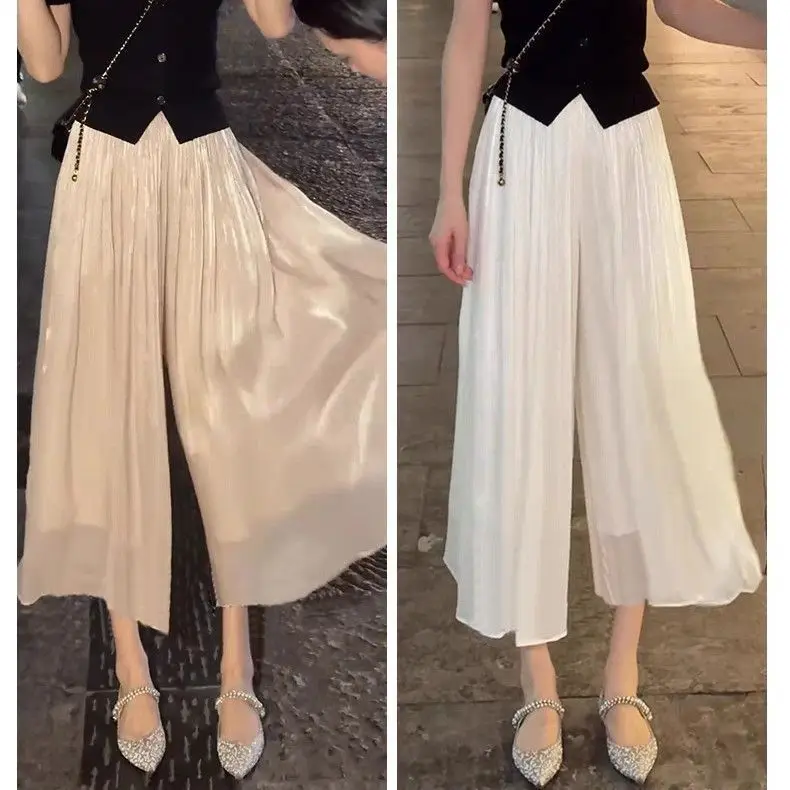 

Летние женские брюки-палаццо из струящегося шелка, больших размеров, с эффектом похудения, с высокой талией, прямые, в стиле юбки-брюк