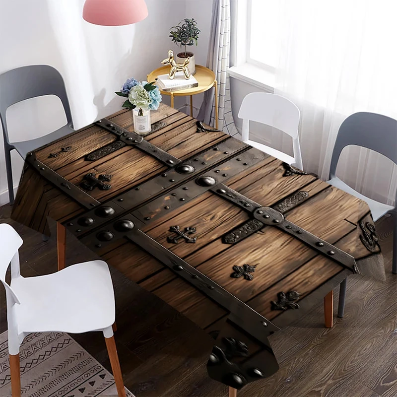 VIKAMA Retro Wood Plank Table Cloth Antique Iron Hardware Pattern Waterproof Easy Clean Country Home Kitchen Decor Table Cover
