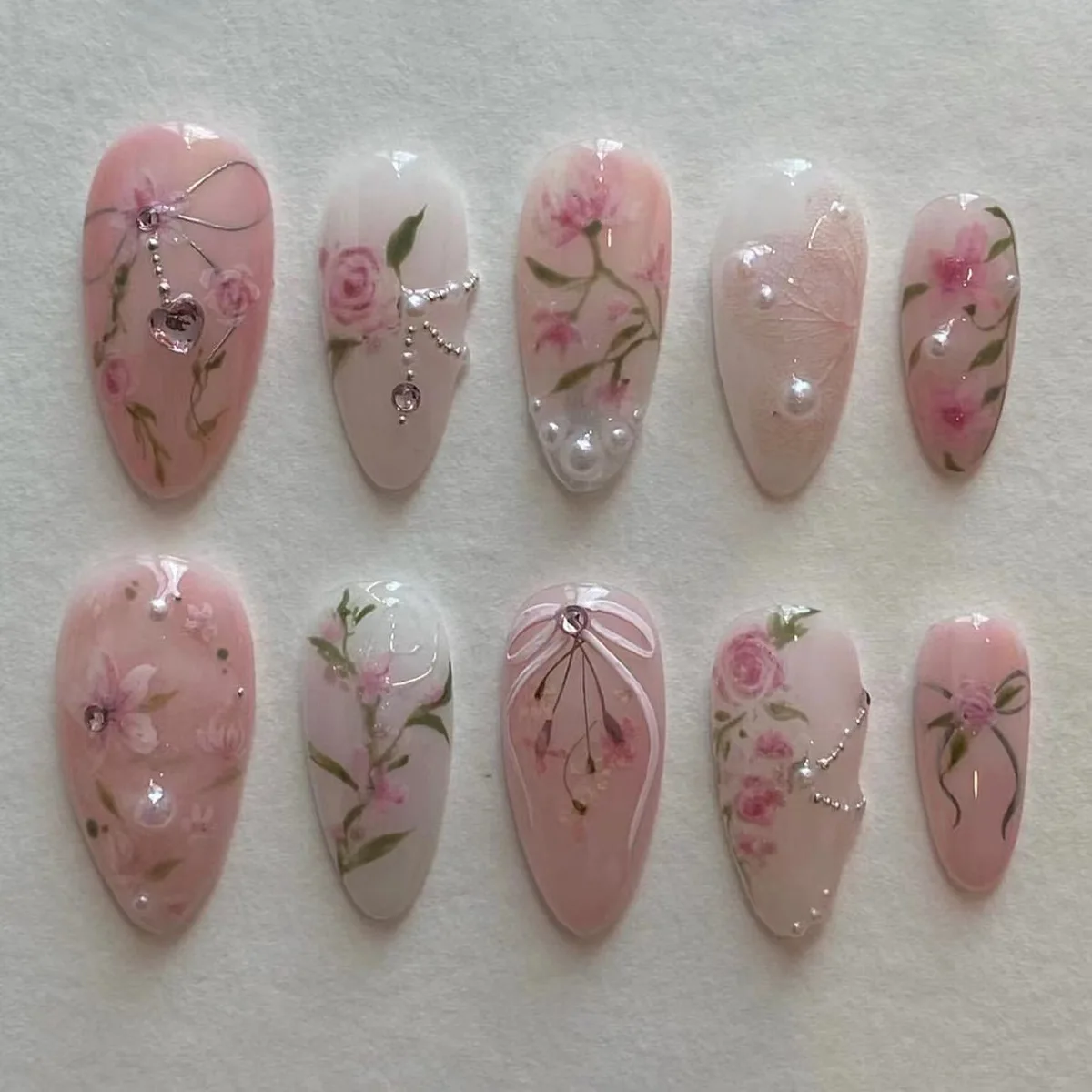 Pink Rose Cherry Blossom Bow Hand Painted Pearl Rhinestone False Nails Detachable Finished Fake Nails Press on Nails with Glue